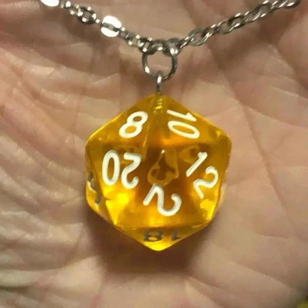Yellow 20 Sided Die D&D Dungeons and Dragons Stainless Steel Necklace.